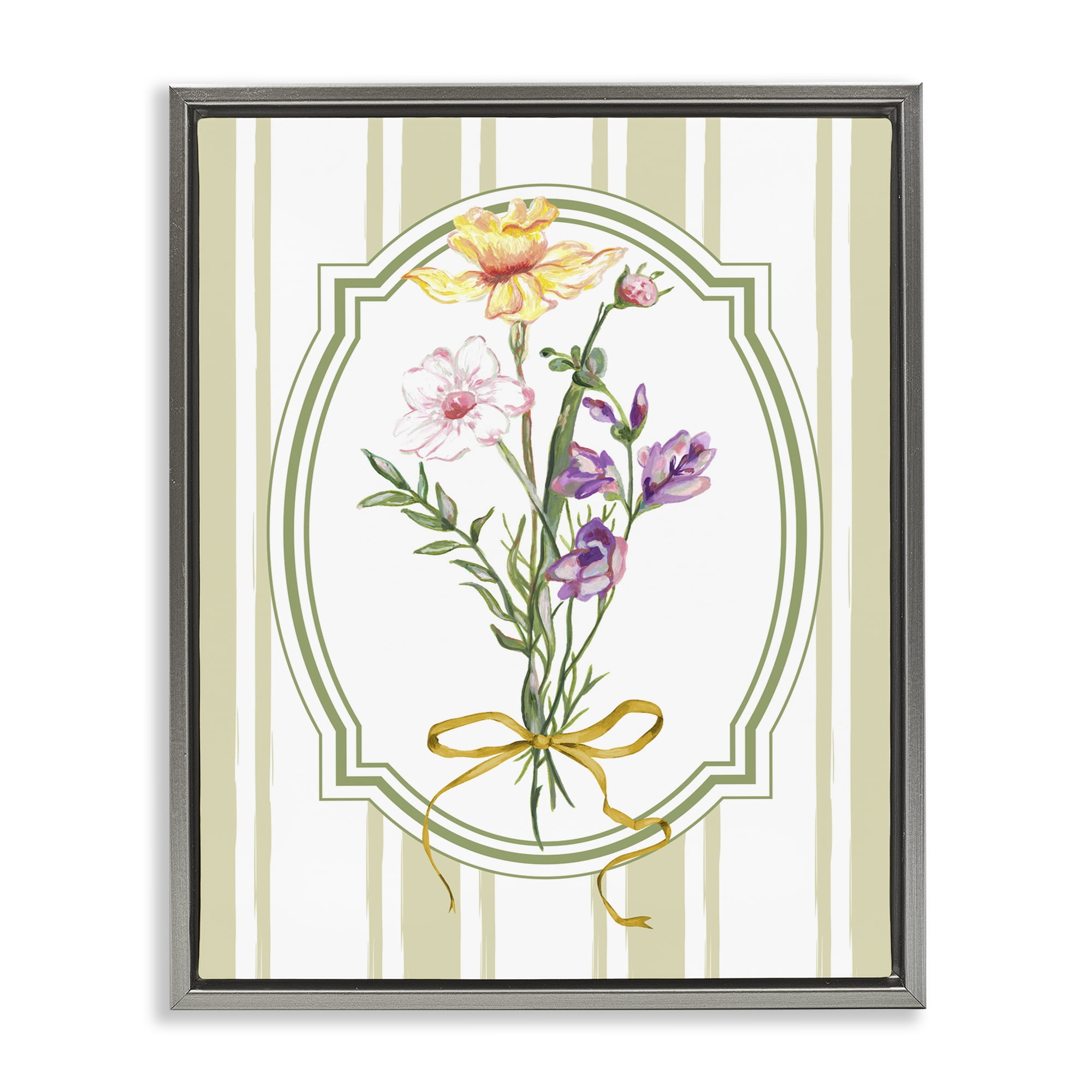 Vintage Wildflowers with Ribbon Gray Framed Floater Canvas Wall Art, design by Adonna Ebrahimi