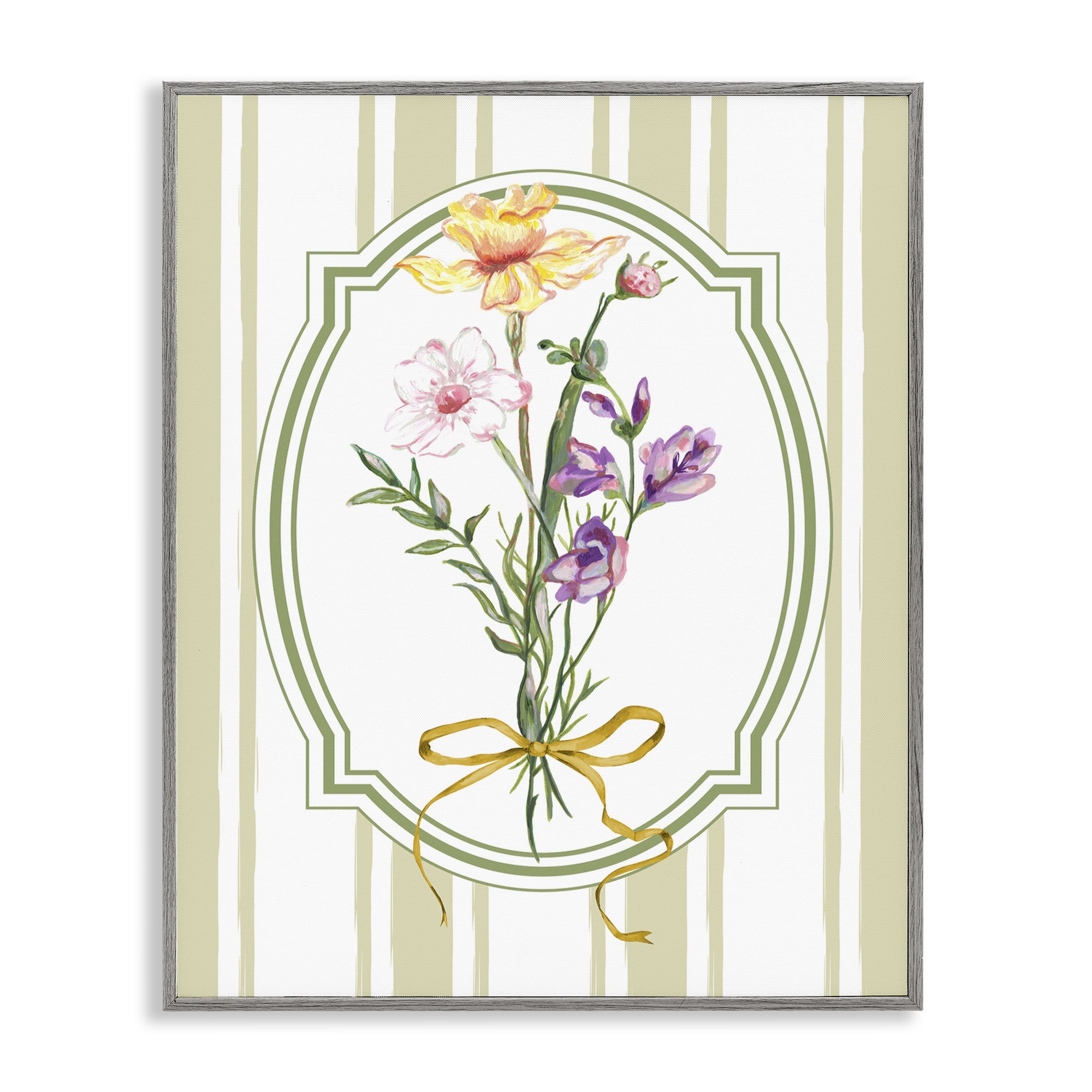 Vintage Wildflowers with Ribbon Gray Framed Giclee Art, design by Adonna Ebrahimi