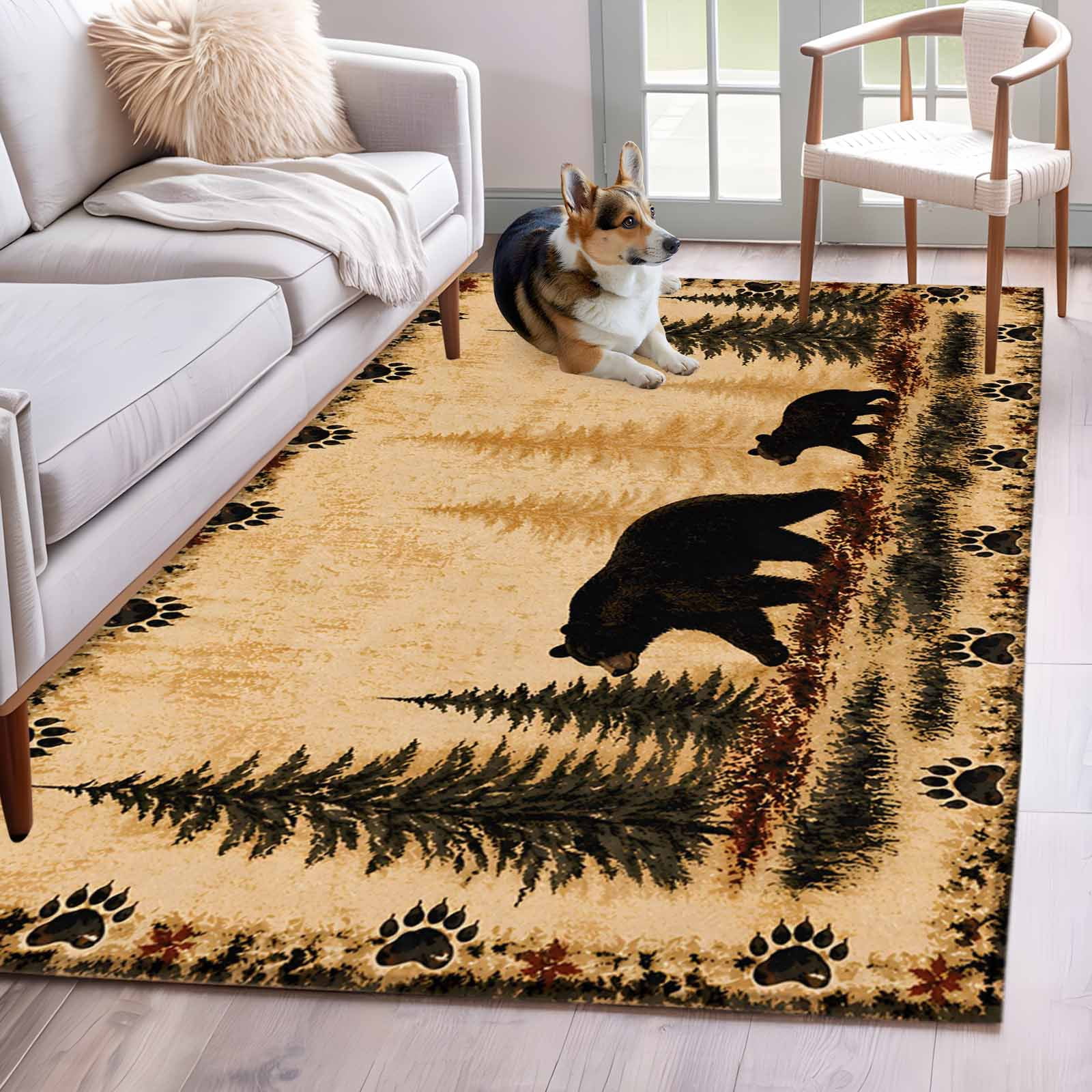 Pine Rugs Vintage Wildlife Area Rugs 4x6ft Black Bear Pine Trees Forest Brown ...