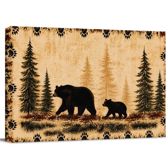 Vintage Wildlife Canvas Print Wall Art, Black Bear Pine Trees Forest Brown Silhouettes Wall Decor Modern Artwork Paintings Pictures for Living Room Stretched and Framed Ready to Hang - 12" x 16"
