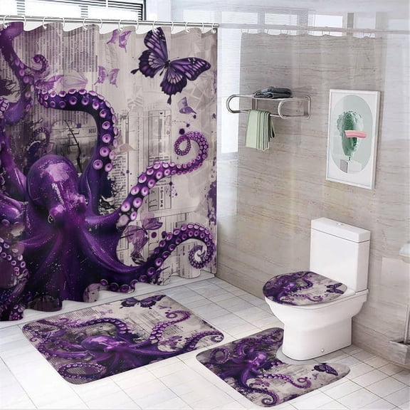Vintage Wildlife Octopus Butterfly 4 Pcs Shower Curtain Sets for Bathroom,Rustic 70s Nautical Old Paper Octopus Bathroom Sets Non-Slip Rugs Toilet Lid Cover Bath Mat 12 Hooks