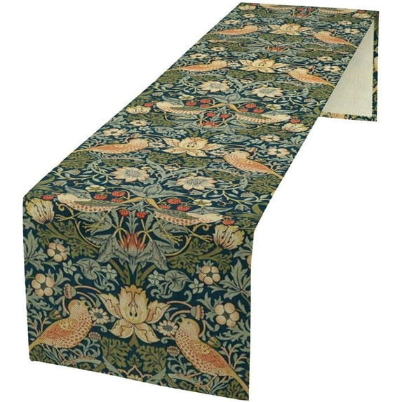 Vintage William Morris Table Runner,Retro Nature Botanical Plant Floral Strawberries Green Pattern Table Ruuner Home Kitchen Party Living Room Party Table Decoration 13x108 inch