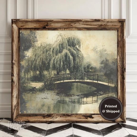 Vintage Willow Tree Rustic Countryside Artwork Farmhouse Landscape Antique Southern Decor Moody