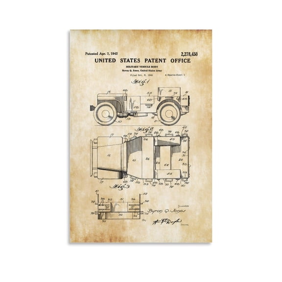 Vintage Willys Military Jeep Gun Patent Posters & Prints Canvas Wall Art Poster Decorative Bedroom Modern Home Print Picture Artworks Posters 24x36inch(60x90cm)
