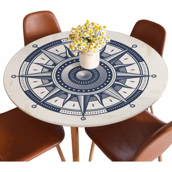 Vintage Wind Rose Round Tablecloths Elastic Edged Sailor Spirit Nautical Direction Compass Tablecloths Washable Reusable for Kitchen Picnic Party 40-44 inch