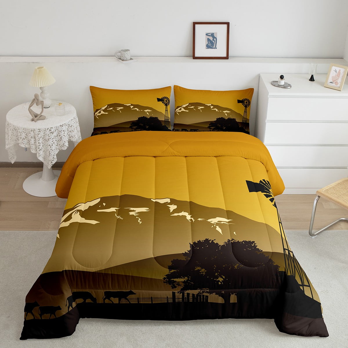 Vintage Windmill Bedding Queen Size,Western Farmhouse Cow Bedding