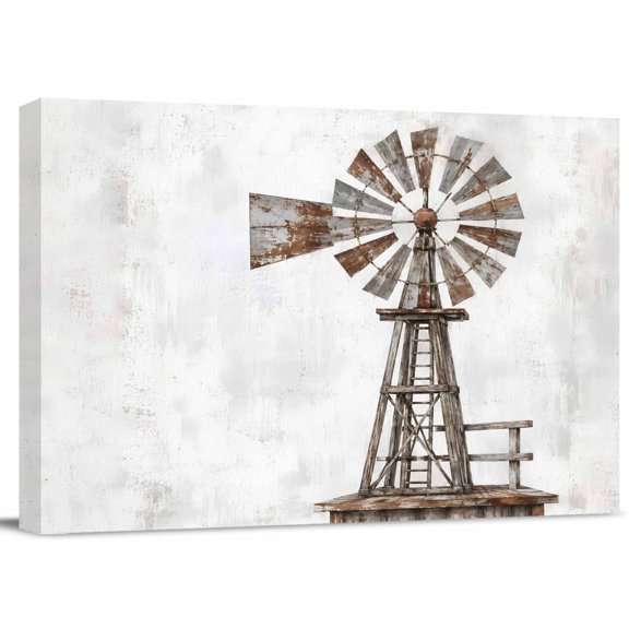 Vintage Windmill Canvas Print Wall Art, Farmhouse Nostalgic Rustic Gray Clouds Fog Rustic Wall Decor Modern Artwork Paintings Pictures for Living Room Framed Ready to Hang - 24" x 32"