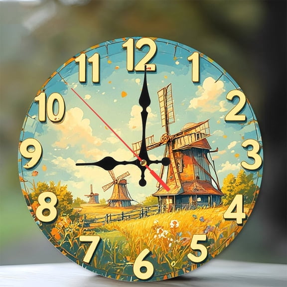 Vintage Windmill Clock Wall Decor 10-Inch Silent Wooden Wall Clock, Battery Operated (AA Batteries Not Included), Artistic Home Decor