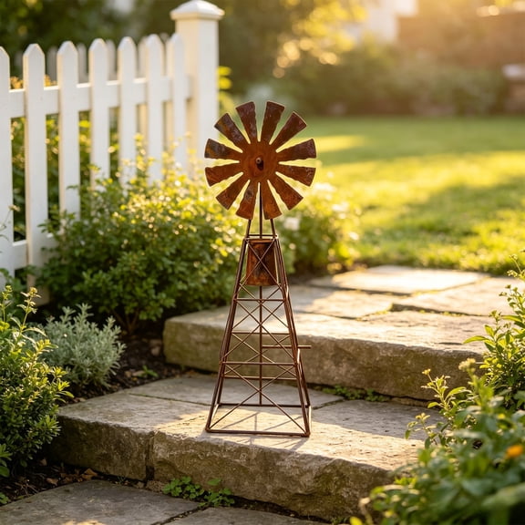 Vintage Windmill Decor, Rustic Metal Farmhouse Windmill Ornament with Rotating Blades, Weathered Iron Tabletop Decoration for Garden, Patio, Porch, Windowsill, Shelf and Country Home Decor