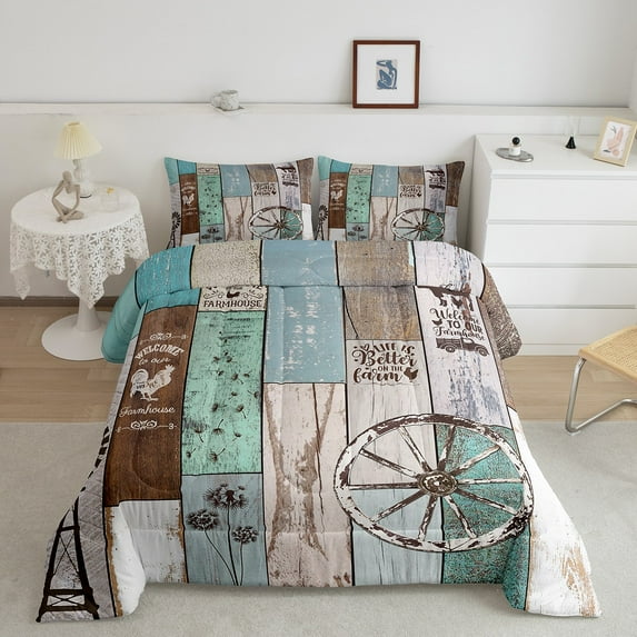 Vintage Windmill Quilt Twin Size, Farmhouse Rustic Wheel Comforter Set Farm Animal Rooster Cow Bedding Set Western Barn Wooden Board Country Duvet Insert Teens Adult Men Bedroom Decor,Teal