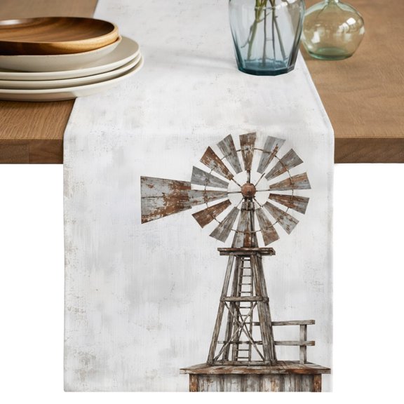 Vintage Windmill Table Runner, Farmhouse Nostalgic Rustic Gray Clouds Fog Rustic Cotton Linen Table Cloth, Tablerunner for Kitchen Dining Party Wedding Home Decor 13x36 Inch