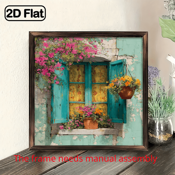 Vintage Window with Colorful Flowers and Green Leaves Art Wooden Board Painting 8x8inch Home Picture Decor for Living Room Bedroom Kitchen Gift for Housewarming Mother Birthday