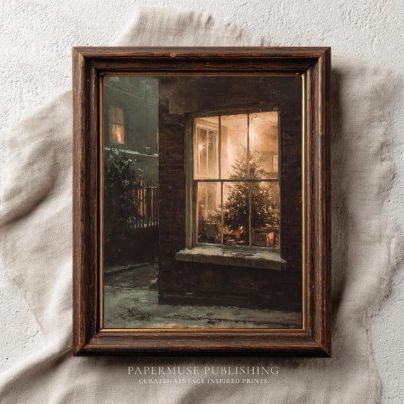 Vintage Window , Cozyhome Wall Art, Warm Winter Night Scene,Tree Print, Neutral Decor,, Unframed Poster Size 8x12