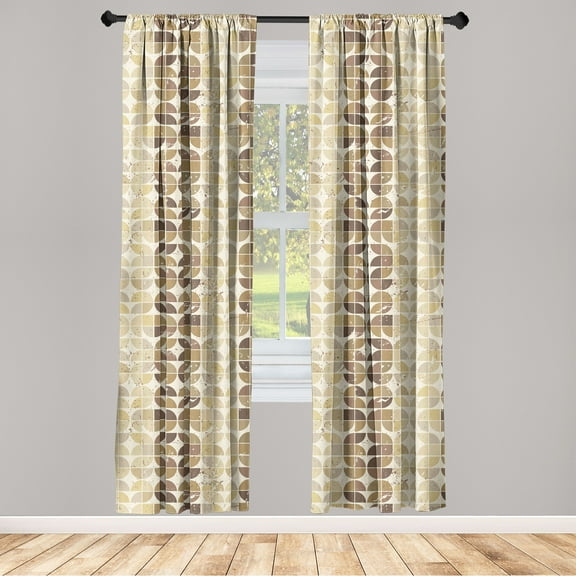 Vintage Window Curtains, Abstract Minimalistic Circle Pieces Pattern Retro Geometric Ornament, Lightweight Decor 2-Panel Set with Rod Pocket, Pair of - 28"x63", Pale Chocolate and Camel, by Ambesonne