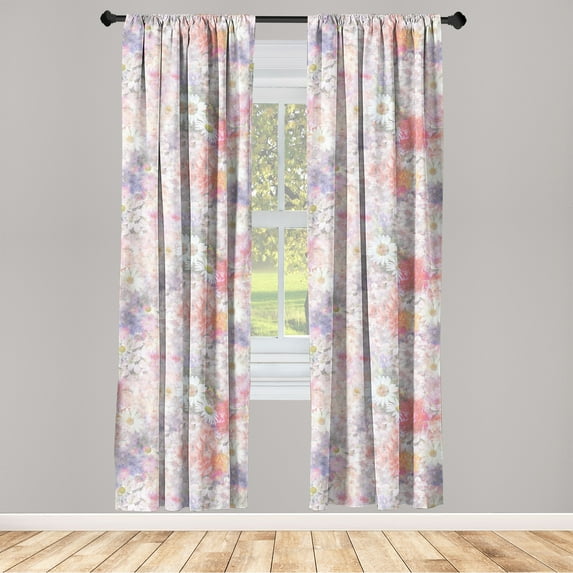 Vintage Window Curtains, Blooming Meadow Dream in Soft Colors Daisy and Wild Flowers Romance, Lightweight Decor 2-Panel Set with Rod Pocket, Pair of - 28"x63", Pale Mauve and Multicolor, by Ambesonne