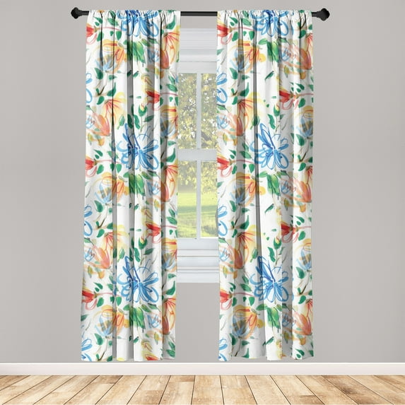 Vintage Window Curtains, Colorful Simplified Flowers and Leaves Watercolor Art on Plain Back, Lightweight Decor 2-Panel Set with Rod Pocket, Pair of - 28"x95", Deep Sky Blue Dark Green, by Ambesonne