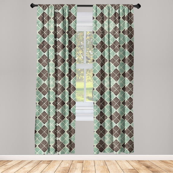 Vintage Window Curtains, Geometric Boho Argyle Checkered Mosaic Lozenges and Quadrant Forms Print, Lightweight Decor 2-Panel Set with Rod Pocket, Pair of - 28"x84", Peacock Green Taupe, by Ambesonne