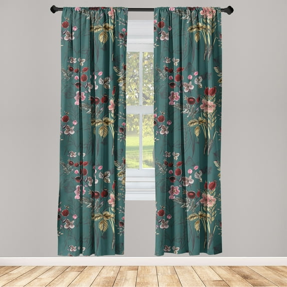 Vintage Window Curtains, Leaves Butterflies Flowers Pattern Minimalistic Style Nature Floral Art, Lightweight Decor 2-Panel Set with Rod Pocket, Pair of - 28"x63", Dark Fuchsia and Tan, by Ambesonne