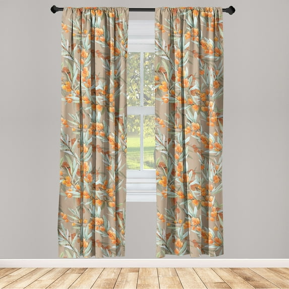 Vintage Window Curtains, Leaves and Sea Buckthorn Berries Pattern Watercolor Art on Plain Back, Lightweight Decor 2-Panel Set with Rod Pocket, Pair of - 28"x95", Dark Orange Pale Green, by Ambesonne