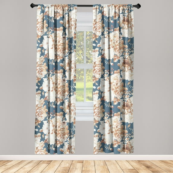 Vintage Window Curtains, Nostalgic Bouquet Classic Retro Fashion of Blooming Flowers, Lightweight Decor 2-Panel Set with Rod Pocket, Pair of - 28"x84", Persian Orange and Slate Blue, by Ambesonne
