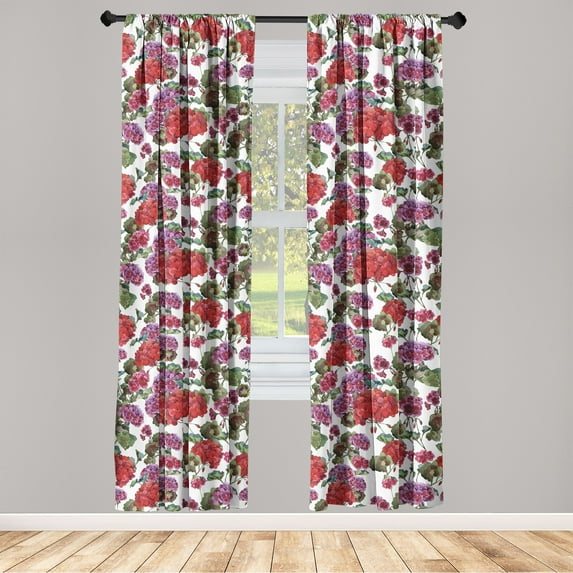 Vintage Window Curtains, Repeating Geranium Flowers Watercolor Floral Nature Art on Plain Back, Lightweight Decor 2-Panel Set with Rod Pocket, Pair of - 28"x63", Peacock Green Raspberry, by Ambesonne
