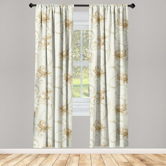 Vintage Window Curtains, Simple Design Modern Garden Flowers Boho and Leaves Greenery Artwork, Lightweight Decor 2-Panel Set with Rod Pocket, Pair of - 28"x95", Pale Khaki Pastel Brown, by Ambesonne