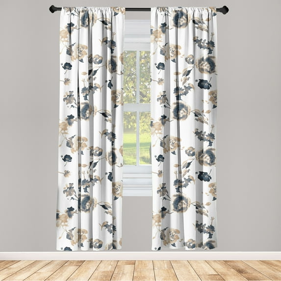 Vintage Window Curtains, Watercolor Roses Nostalgic Bicolour Ornament Flowers on Plain Backdrop, Lightweight Decor 2-Panel Set with Rod Pocket, Pair of - 28"x63", Almond Dark Slate Blue, by Ambesonne