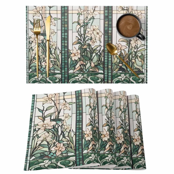 Vintage Window Flowering Placemats Set of 6, Green Floral Dragonflies Non-Slip Place Mats Washable Table Mats for Kitchen Dining Table Decorations Indoor/Outdoor