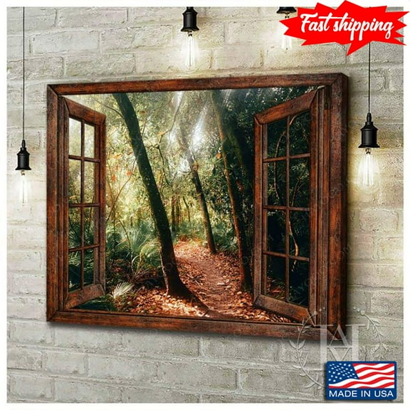Vintage Window Frame Of Beautiful Forest With Bright Sunlight Through Trees 11 x 17 Inch Poster
