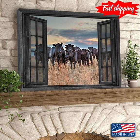 Vintage Window Frame With Black Cows In A Field Of Dried Grass 24 x 36 Inch Poster