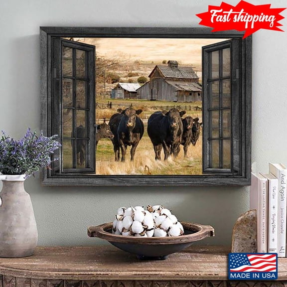 Vintage Window Frame With Black Cows Outside 11 x 17 Inch Poster
