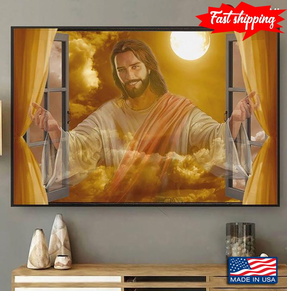 Vintage Window Frame With Jesus Christ Opening His Arms To Welcome ...