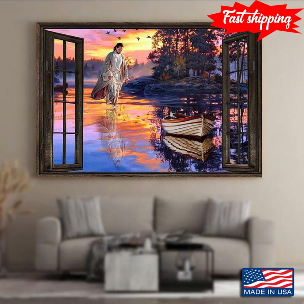 Vintage Window Frame With Jesus Christ Walking On Water Across The ...