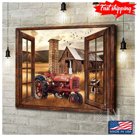 Vintage Window Frame With Red Tractor On Farm 16 x 24 Inch Poster