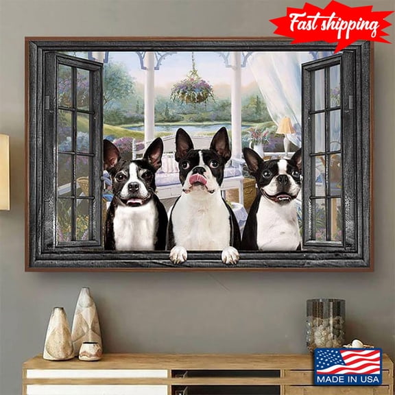 Vintage Window Frame With Three Boston Terrier Dogs 11 x 17 Inch Poster