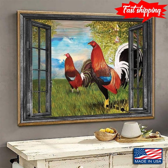 Vintage Window Frame With Two Long-tailed Chickens On Farm 11 x 17 Inch Poster