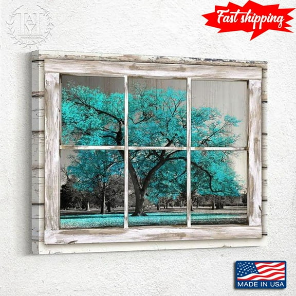 Vintage Window Frame With View Of Blue Tree Outside 11 x 17 Inch Poster