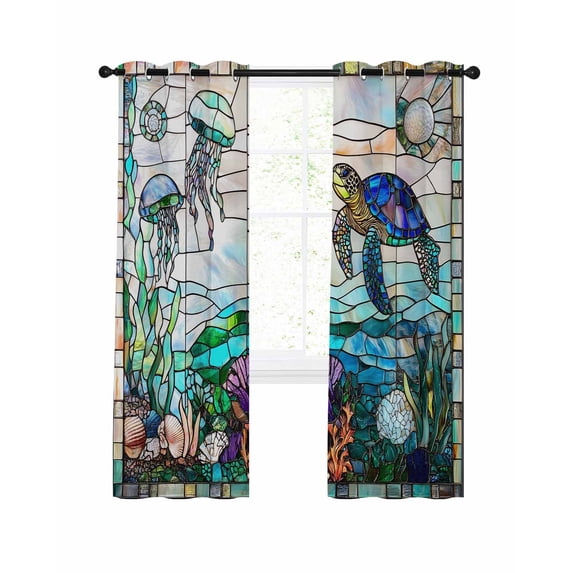 Vintage Window Grille Blackout Curtains for Bedroom Living Room, Coral Turtle Underwater World 84 In Long Thermal Insulated Room Darkening Drapes Grommet Window Treatments, 52 x 84 In
