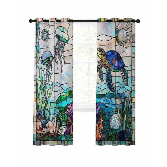 Vintage Window Grille Blackout Curtains for Bedroom Living Room, Coral Turtle Underwater World 84 In Long Thermal Insulated Room Darkening Drapes Grommet Window Treatments, 52 x 84 In