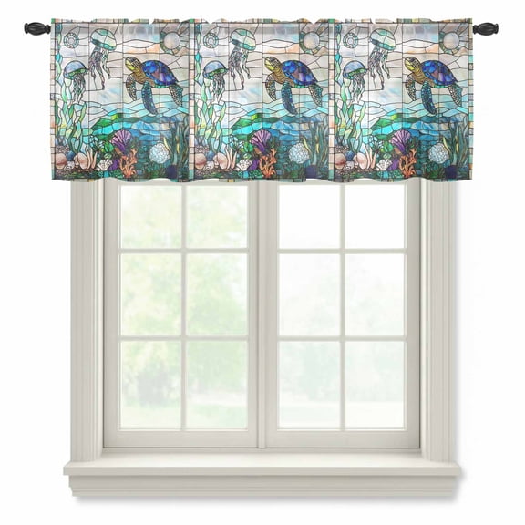 Vintage Window Grille Semi Sheer Valance Curtains Coral Turtle Underwater World Voile Valances Curtain Rod Pocket Small Window Treatment for Kitchen Bathroom Cafe 60"x18"