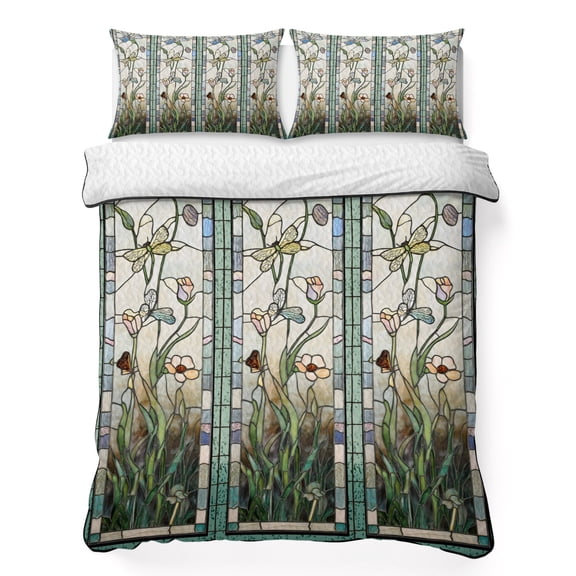 Vintage Window Grilles California King Quilt Bedding Set, Dragonfly Butterfly Green Flower Lightweight Comforter with 2 Pillow Shams Bedroom Bedspread Set Home Decor for All Seasons
