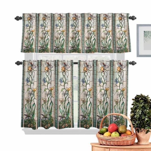 Vintage Window Grilles Kitchen Curtains Valances 3 Piece Set, Dragonfly Butterfly Floral Flower Rod Pocket Tier Curtain and Valance Drapes for Small Window 24 Inch Length for Bedroom Cafe