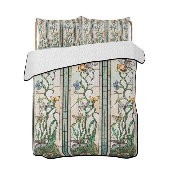 Vintage Window Grilles Quilts Bedding Set California King Dragonfly Butterfly Floral Flower Lightweight Quilted Bedspread 3 Piece Bed Quilt with 2 Pillow Shams All Season for Bedroom 96" x 106"
