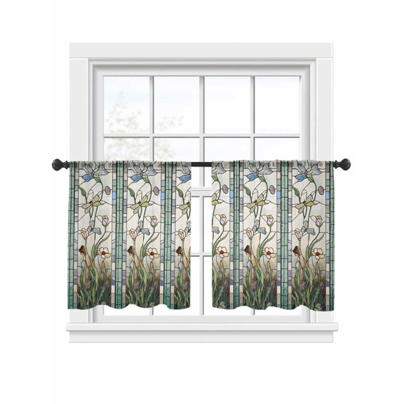 Vintage Window Grilles Sheer Curtains 2 Panels Set Dragonfly Butterfly Green Flower Sheer Window Curtains Light Filtering Rod Pocket Voile Drapes for Bedroom Living Room 52"x45"