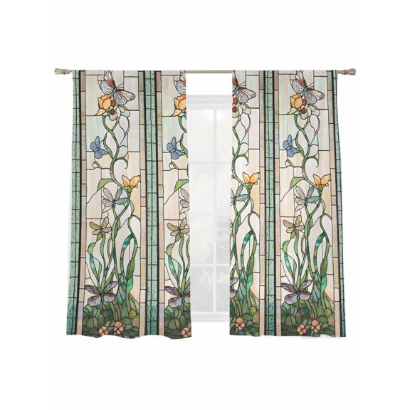 Vintage Window Grilles Sheer Curtains for Living Room Bedroom, Light-filtering Sheer Curtain, Dragonfly Butterfly Floral Flower Rod Pocket Voile Window Treatment Drapes, 52’’Wx72’’L, 2 Panels Set