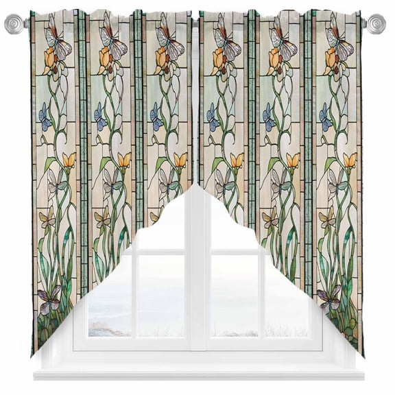 Vintage Window Grilles Swag Kitchen Curtain Valances, Dragonfly Butterfly Floral Flower Rod Pocket Curtains Window Treatment Decor Valances for Bedroom Bathroom, 2 Panels 28 x 36 Inch