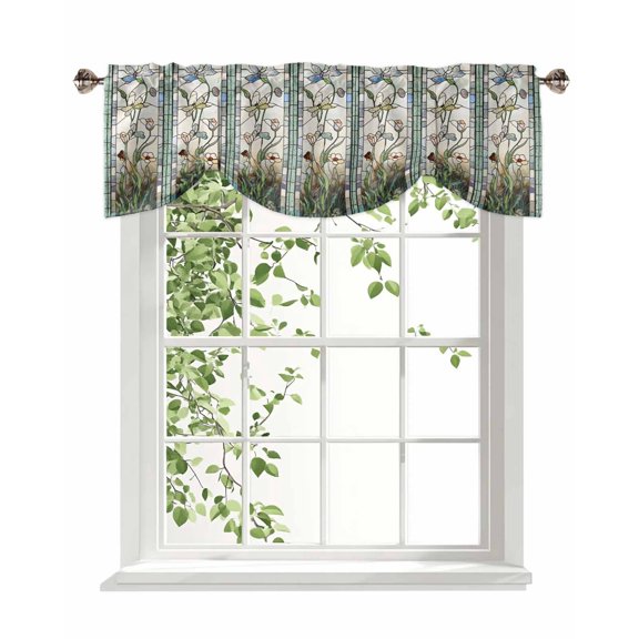 Vintage Window Grilles Tie Up Valances Curtain, Adjustable Kitchen Dragonfly Butterfly Green Flower Valances for Windows Decor, Rod Pocket Short Curtains Set for Bedroom/Bathroom, 42"x12"