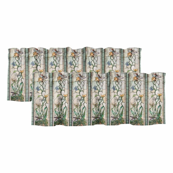 Vintage Window Grilles Window Valance, Dragonfly Butterfly Floral Flower 2 Pack Decorative Curtain for Small Windows, Light Filtering Valance with 3” Rod Pocket, 60"W x 18"L