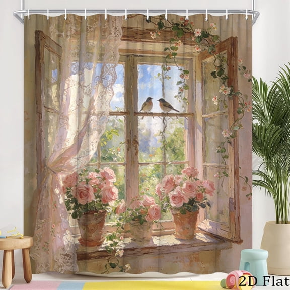 Vintage Window Pink Rose Little Bird Lace Curtain Print Waterproof Fabric Shower Curtain With Hooks Romantic Bathroom Decor