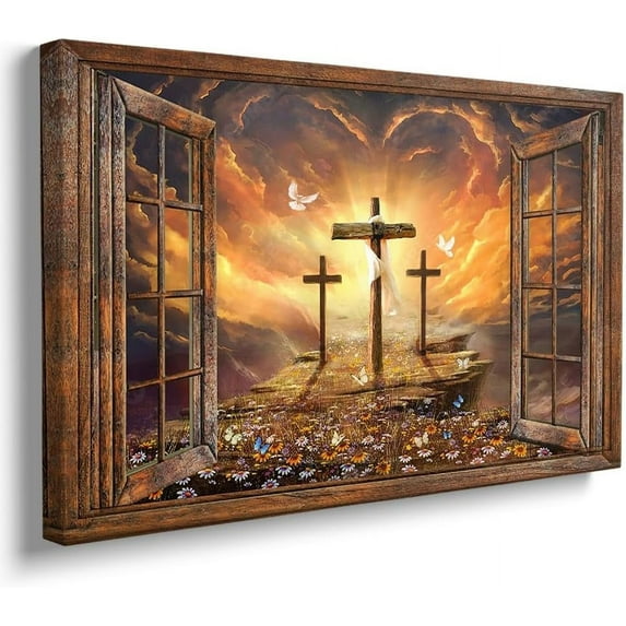 Vintage Window Religious Wall Art Framed Camvas Prints Gold Sunset Painting Path to Heaven Christian Wall Decor for Bedroom Living Room the Three Crosses Decor Jesus Posters Prints 12"x16"